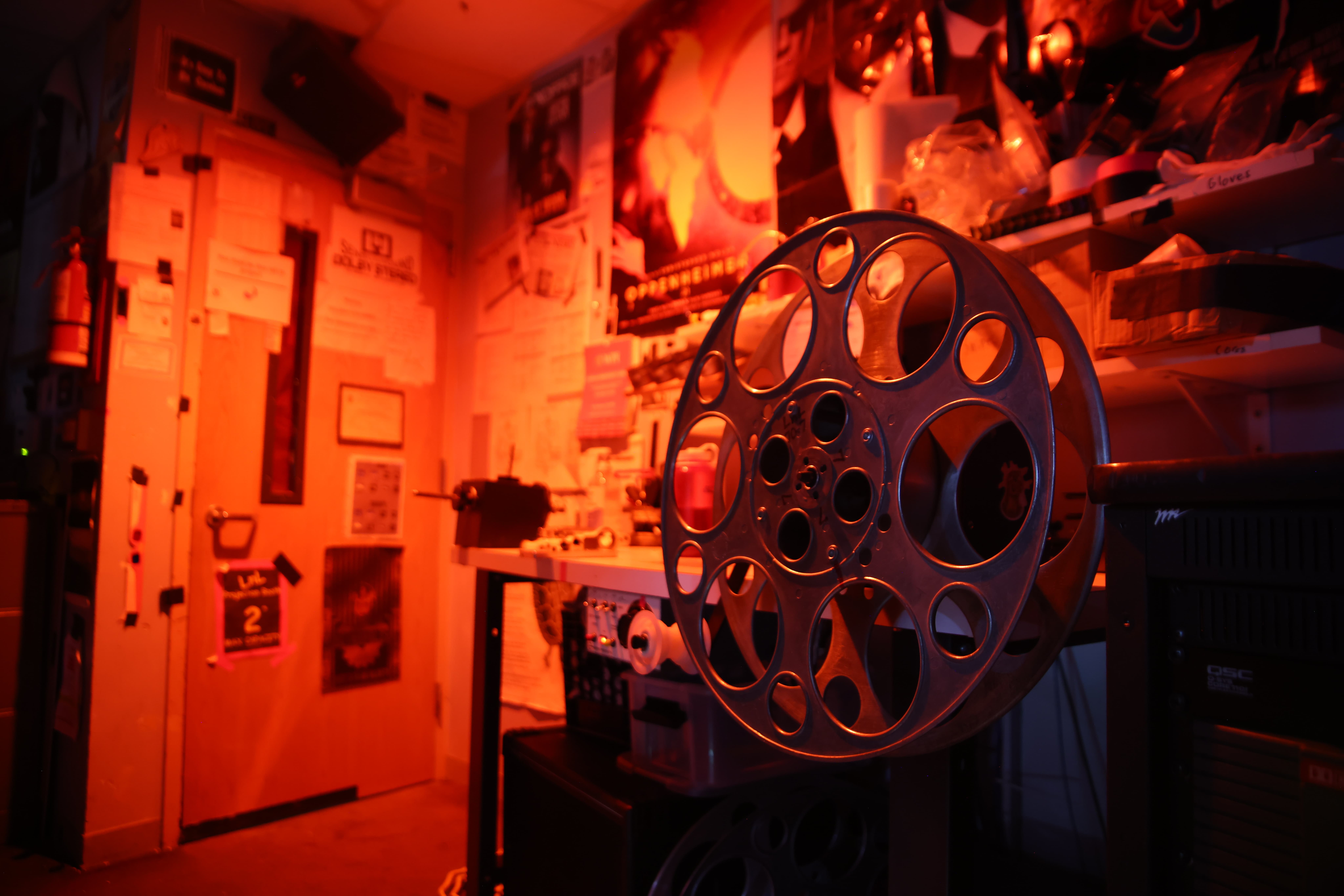 An empty 70mm reel on the film bench waiting for film.